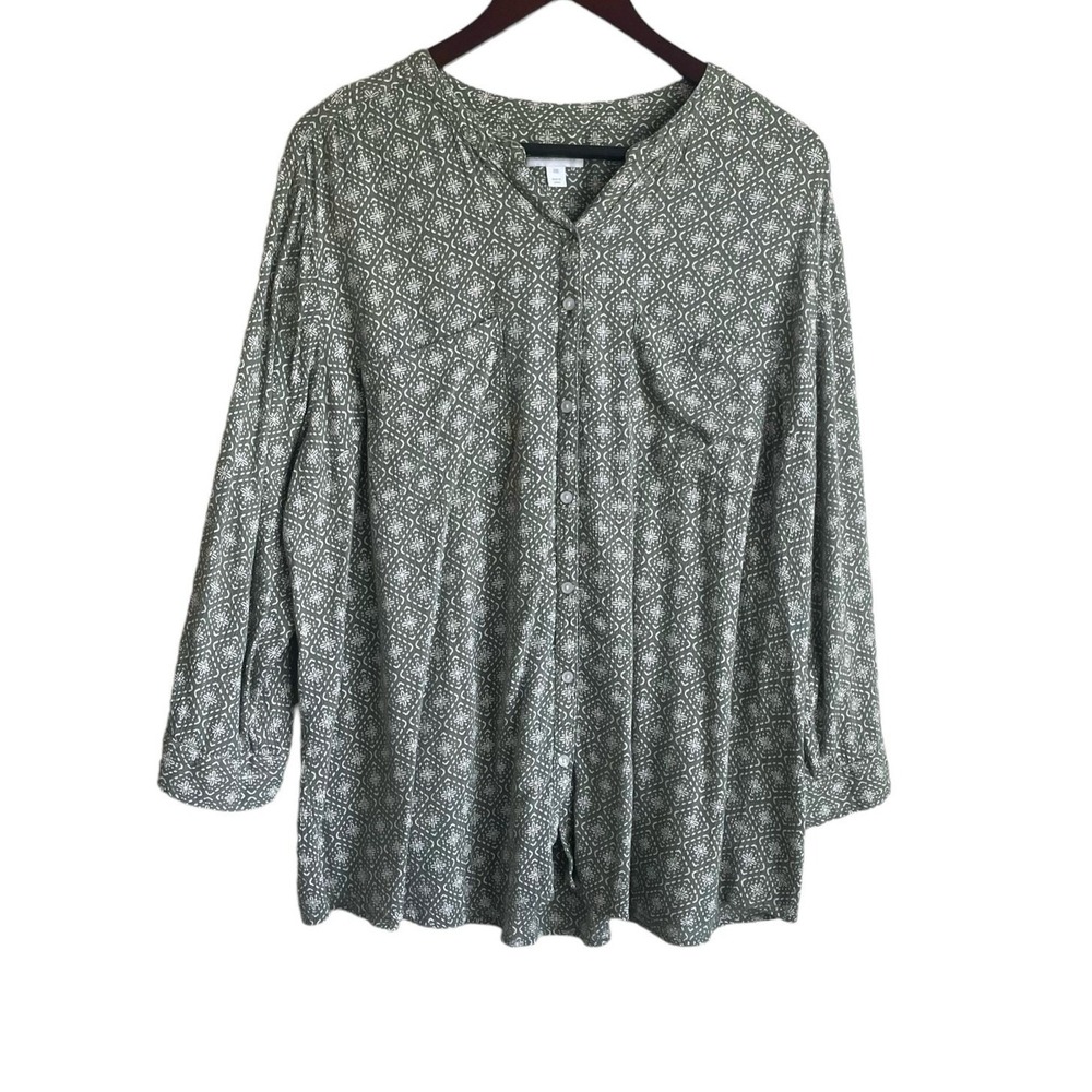 Charter Club Women Tunic‎ Top XXL Green Boho Block Print Relaxed Rayon Blouse